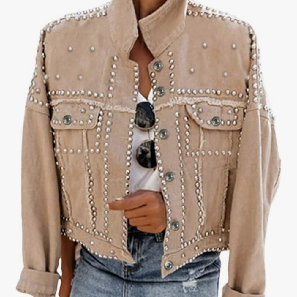 NWT Dressy Rivet Studded Tan Cropped Jean Jacket  Western Distressed - Picture 2 of 9